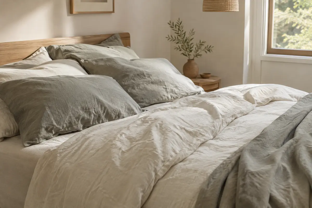 Draps blanc cassé et taies grises en lin lavé composés dans une chambre lumineuse