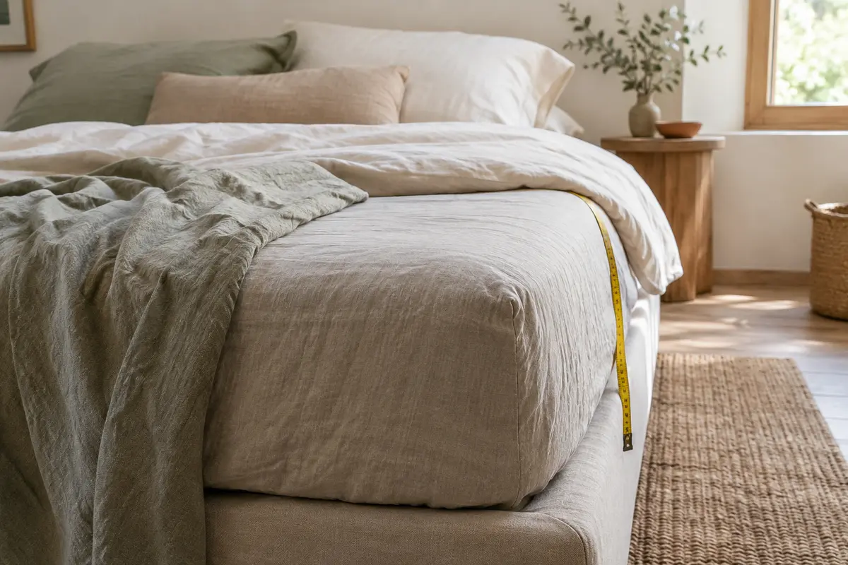 Drap-housse en lin lavé ajusté sur un matelas épais, avec un mètre ruban posé le long du côté.