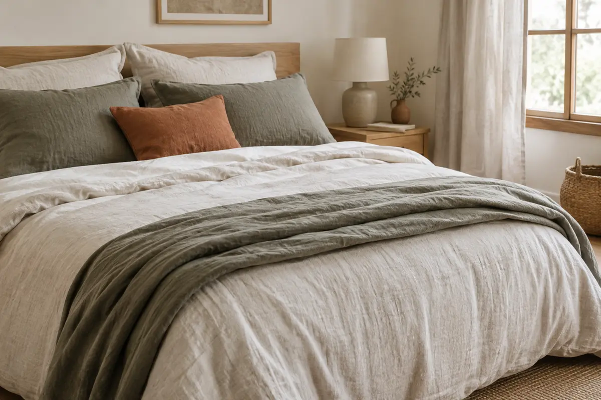 Couvre-lit en lin lavé plié au pied d’un lit, laissant visibles la parure et les draps