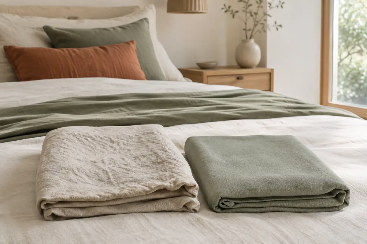 Deux tissus de linge de lit aux textures différentes, pliés côte à côte sur un lit clair