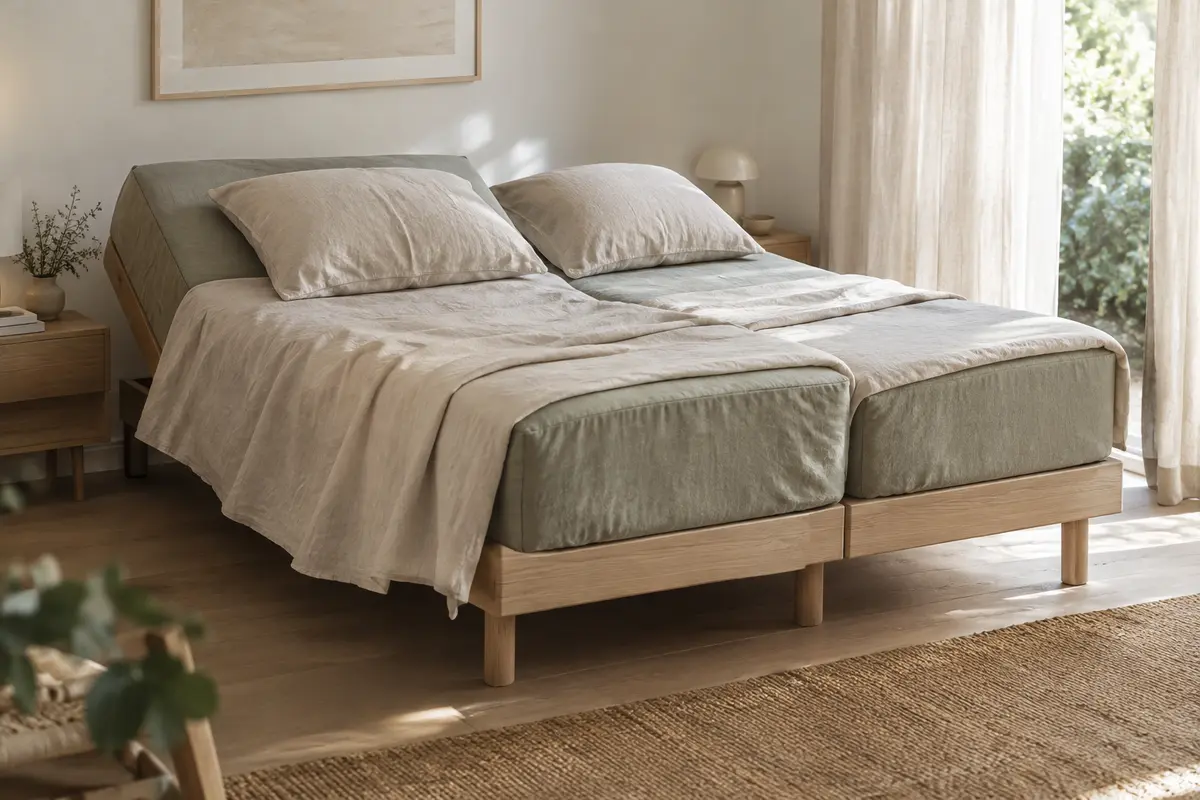 Lit articulé à deux matelas séparés habillés de draps en lin lavé, avec un côté légèrement relevé.