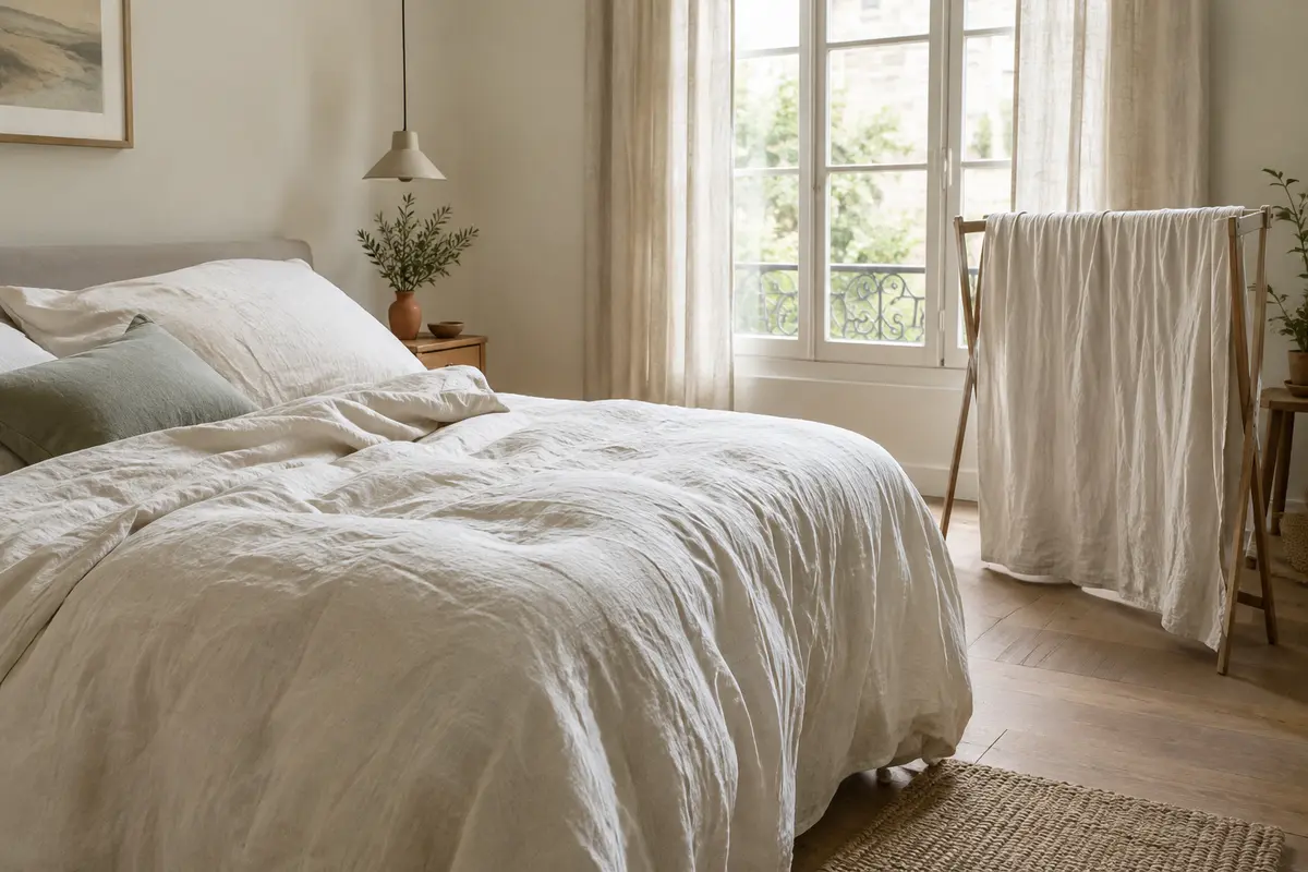 Draps en lin lavé légèrement froissés, étendus pour finir de sécher dans une chambre lumineuse