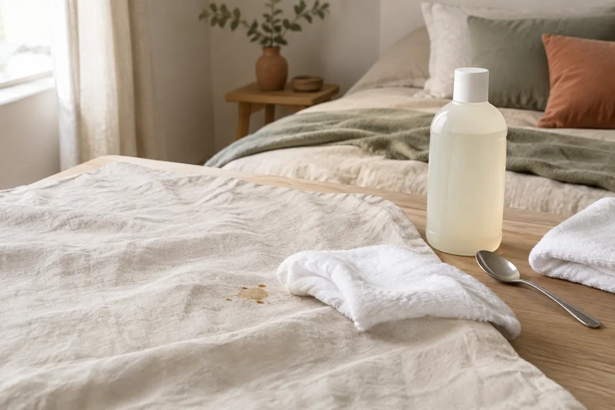 Drap en lin lavé avec une petite tache tamponnée délicatement à l’aide d’un linge blanc propre
