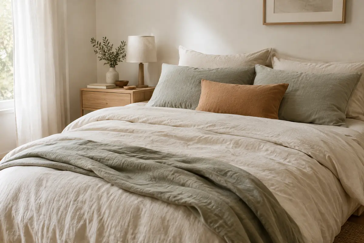 Draps en lin lavé écru repliés sur un lit, avec leur texture froissée visible en lumière douce.