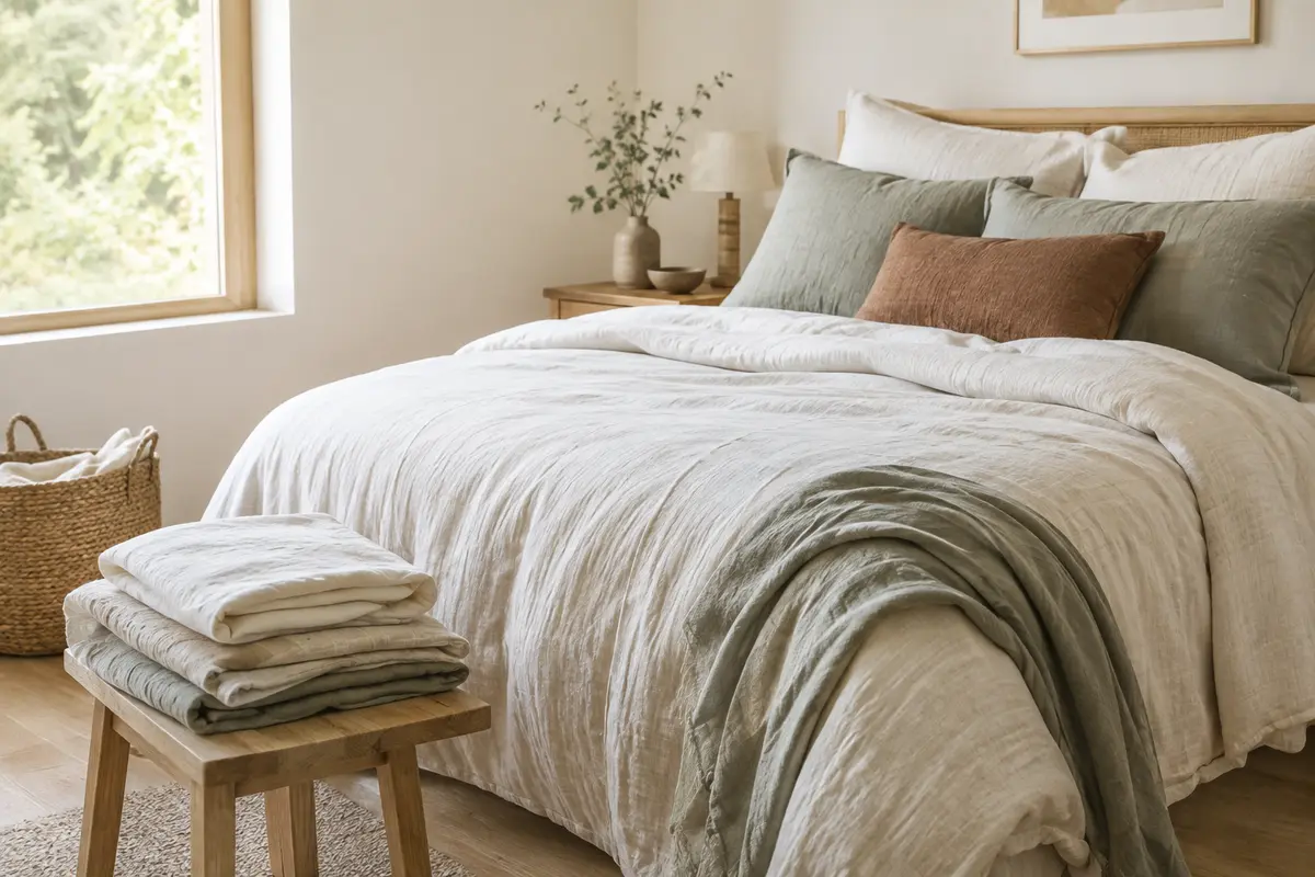 Draps en lin lavé ivoire au tombé souple et naturellement froissé sur un lit clair.