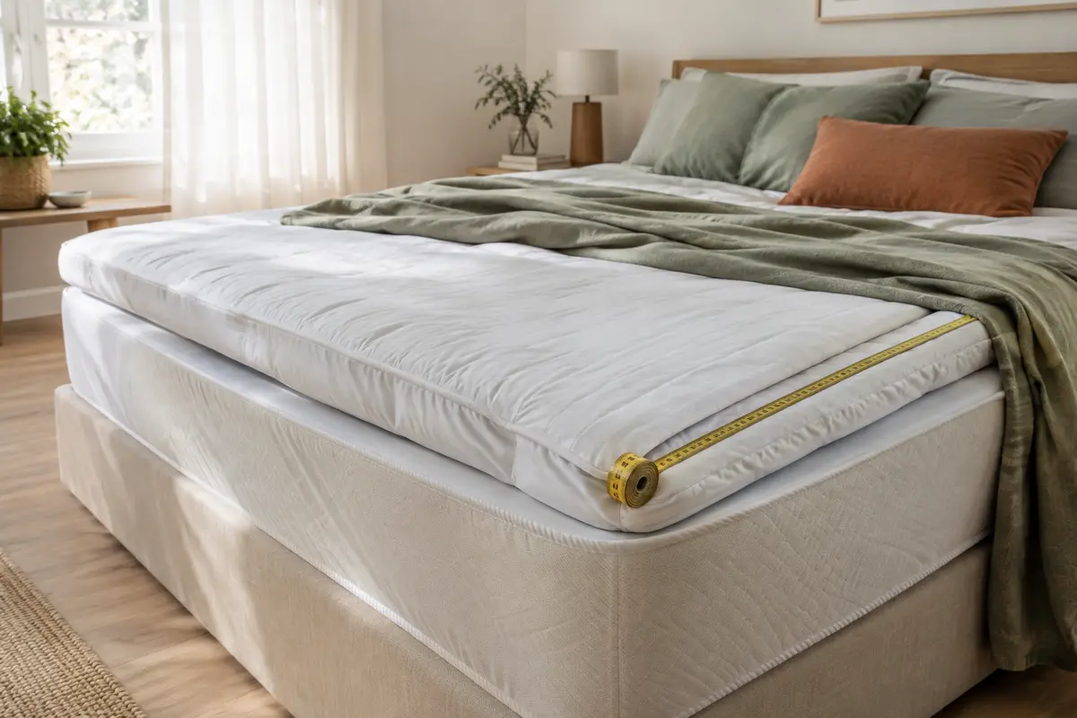 Mètre ruban le long d’un matelas équipé d’un surmatelas et d’un protège-matelas