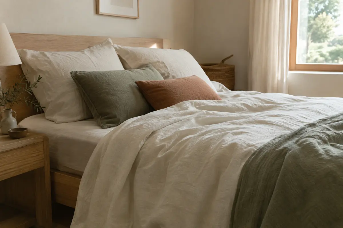 Draps en lin lavé blanc cassé légèrement froissés, avec une trame visible en gros plan