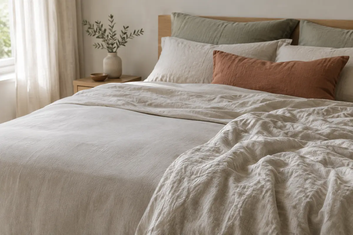 Lit habillé de draps en lin lavé, avec une partie lissée et une texture naturellement froissée