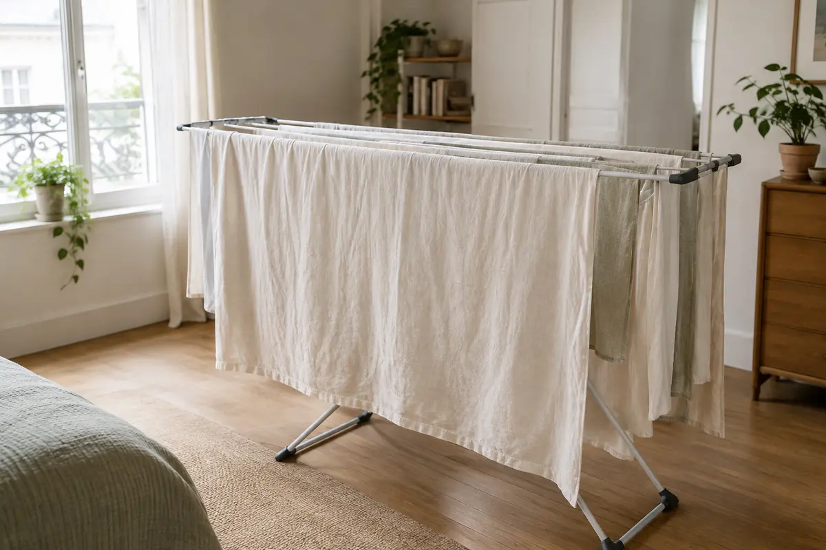 Grand drap en lin lavé étendu sur plusieurs barres dans un petit appartement lumineux et aéré