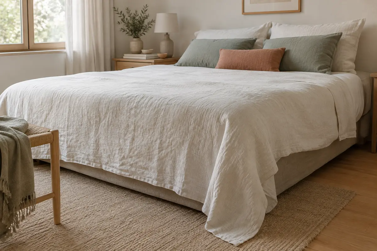 Drap plat en lin lavé sur un matelas épais, avec une retombée régulière de chaque côté du lit.