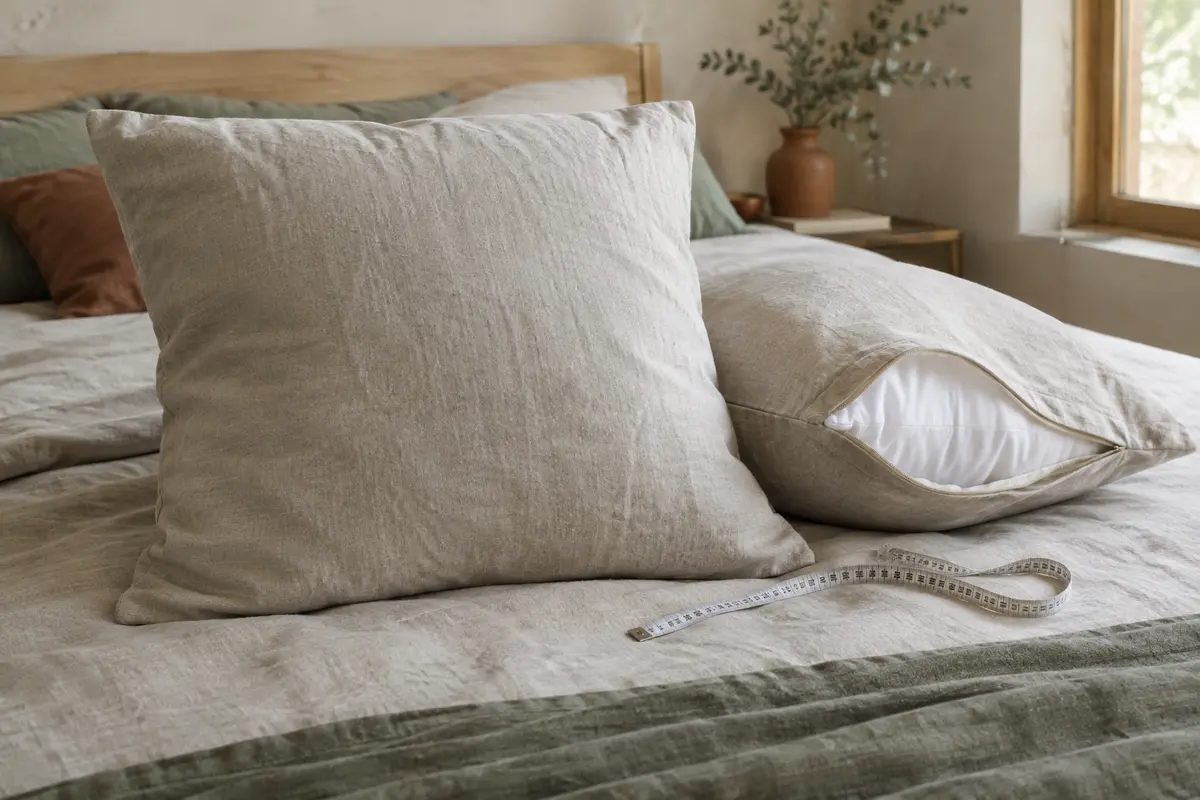 Coussin carré en lin lavé et intérieur blanc avec un mètre ruban posé à plat pour comparer leurs dimensions.
