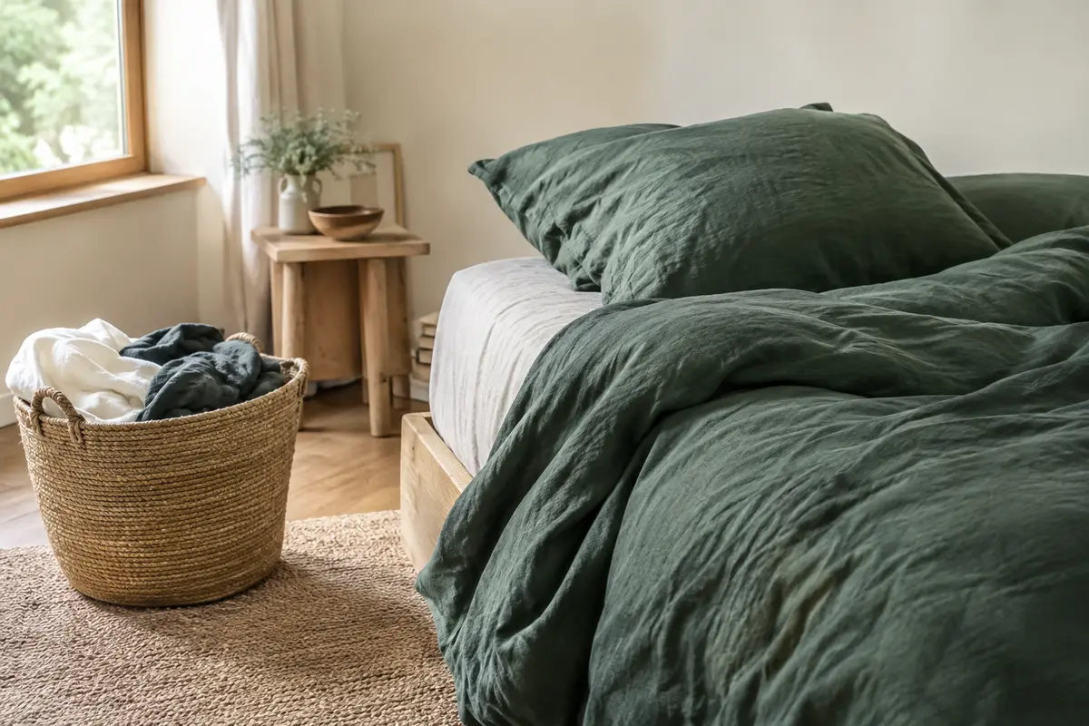 Draps en lin lavé foncé sur un lit, avec du linge trié séparément avant le lavage.