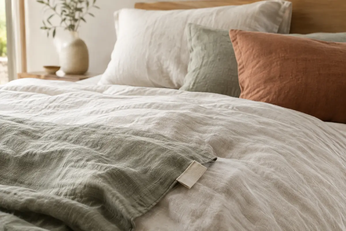 Détail d’un drap en lin lavé froissé avec une étiquette textile vierge posée à proximité.