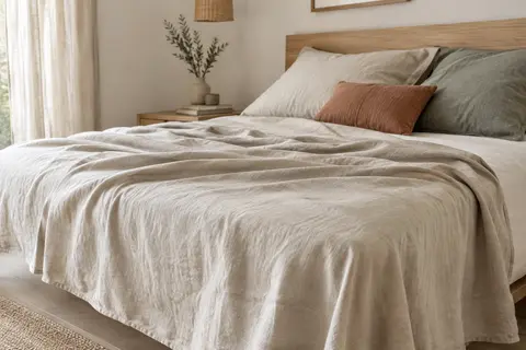 Drap plat en lin lavé beige posé sur un lit, avec ses plis naturels et sa texture visible.