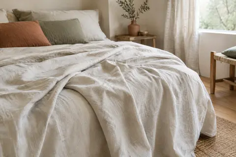 Drap plat en lin lavé posé sur un lit, avec ses plis naturels dans une chambre aux tons doux.