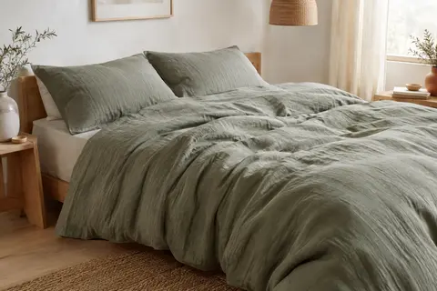 Parure de lit en lin lavé naturel, housse de couette et deux taies texturées sur un lit