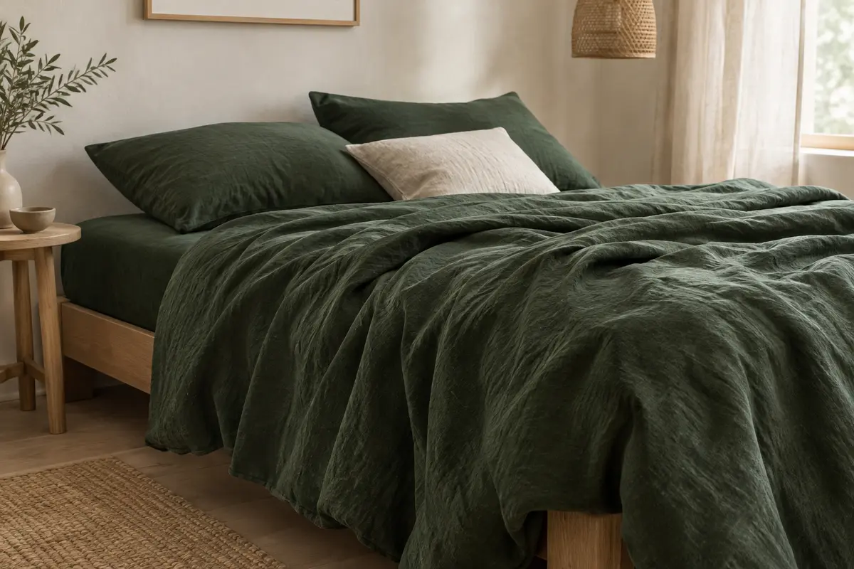 Drap de lit en lin lavé vert forêt, aux plis souples, posé sur un lit dans une chambre lumineuse.