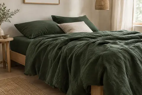 Drap de lit en lin lavé vert forêt, aux plis souples, posé sur un lit dans une chambre lumineuse.
