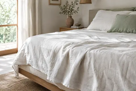 Drap plat blanc en lin lavé posé sur un lit, avec ses plis naturels visibles dans une chambre lumineuse.