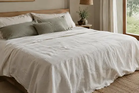 Drap plat blanc en lin lavé avec broderie discrète, posé sur un lit dans une chambre lumineuse.