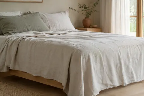 Drap plat en lin lavé à la teinte naturelle, posé sur un lit et montré avec ses plis souples