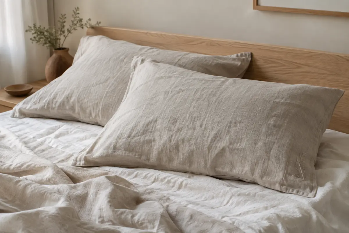 Deux taies d’oreiller en lin lavé naturel, avec plis souples et broderie discrète sur une face