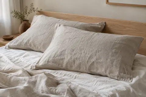 Deux taies d’oreiller en lin lavé naturel, avec plis souples et broderie discrète sur une face