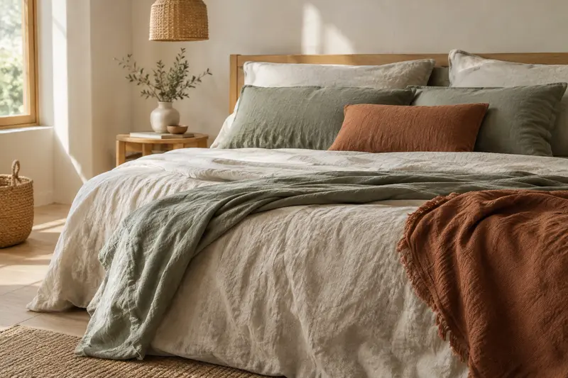 Détail d’un lit en lin lavé aux teintes naturelles, avec des plis et une texture visibles