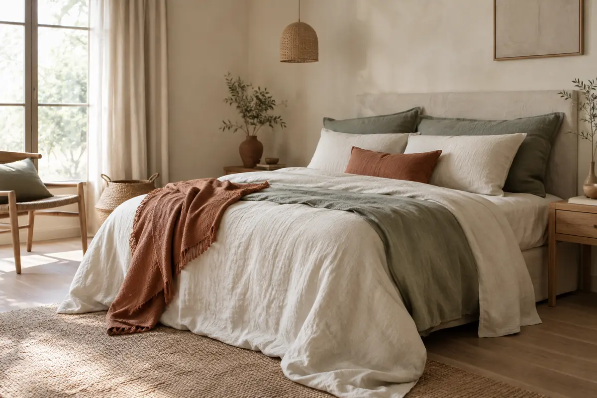 Lit habillé de draps en lin lavé écru, dans une chambre calme aux teintes naturelles